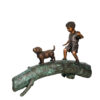 Bronze Boy and Dog walking on Log Sculpture