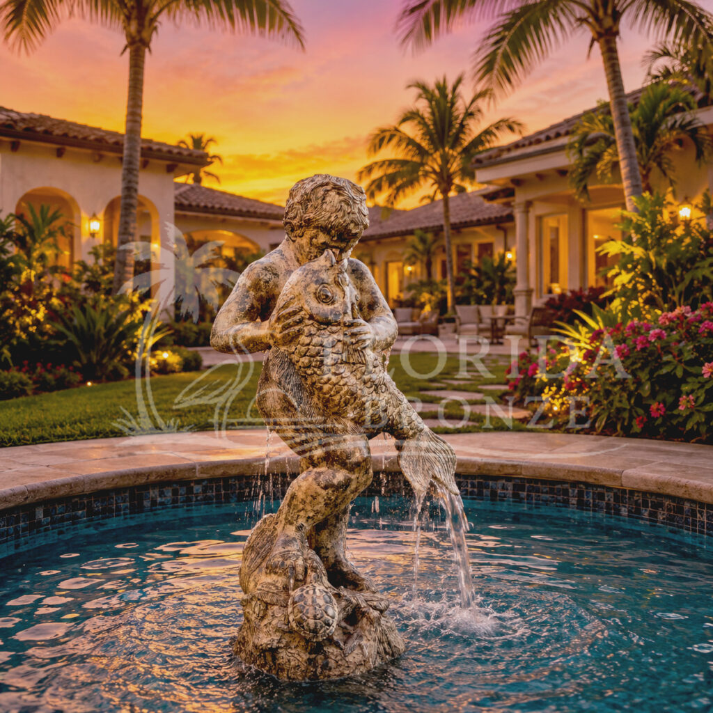 Boy holding Fish Bronze Fountain Statue FloridaBronzes