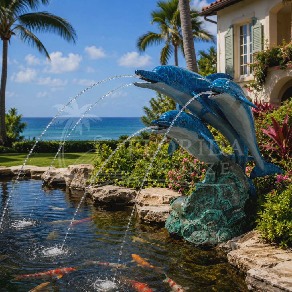 Colorful Dolphin Trio Bronze Fountain Statue FloridaBronzes