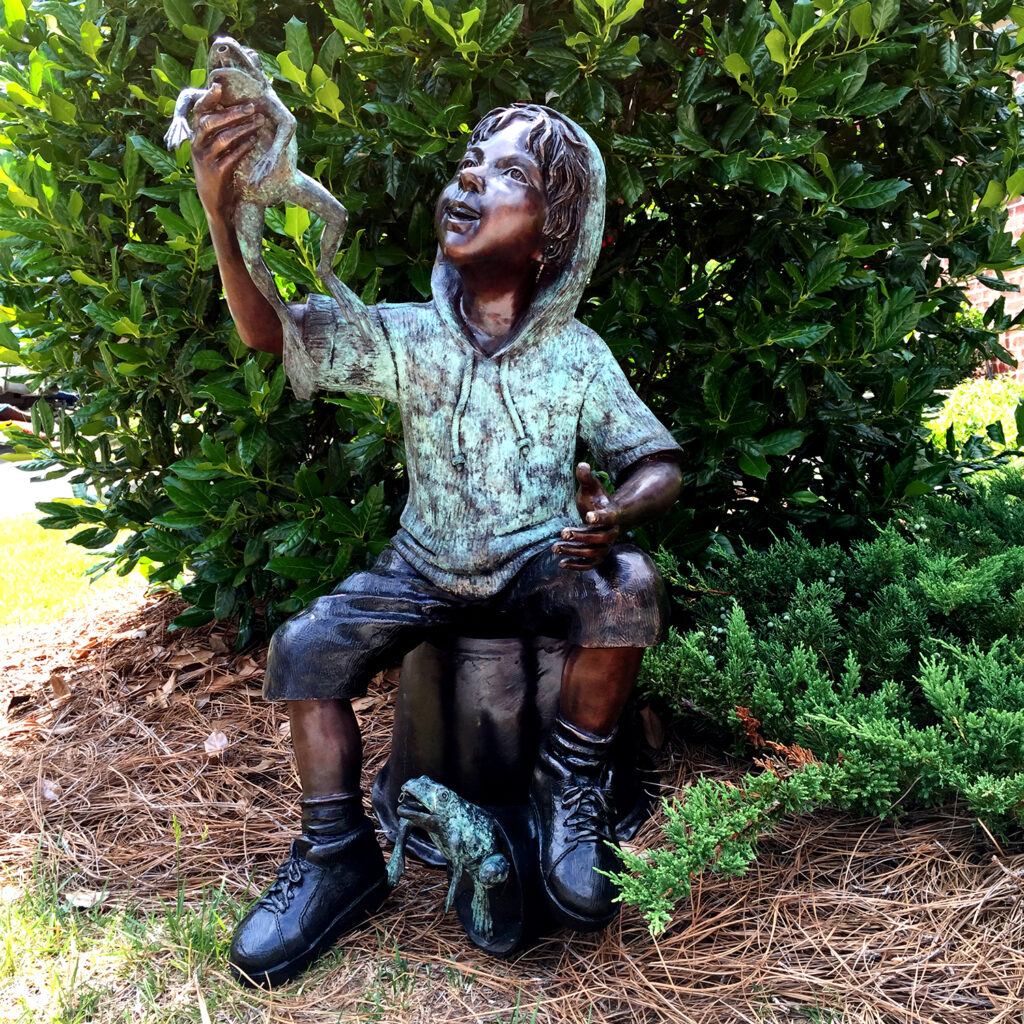 Bronze Boy on Bucket with Frog Sculpture Florida Bronze Statues