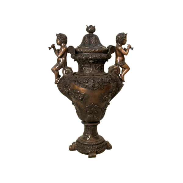 Bronze Two Cupids on Urn with Lid Sculpture