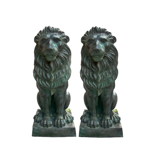 Bronze Sitting Lion on Base Sculpture Pair